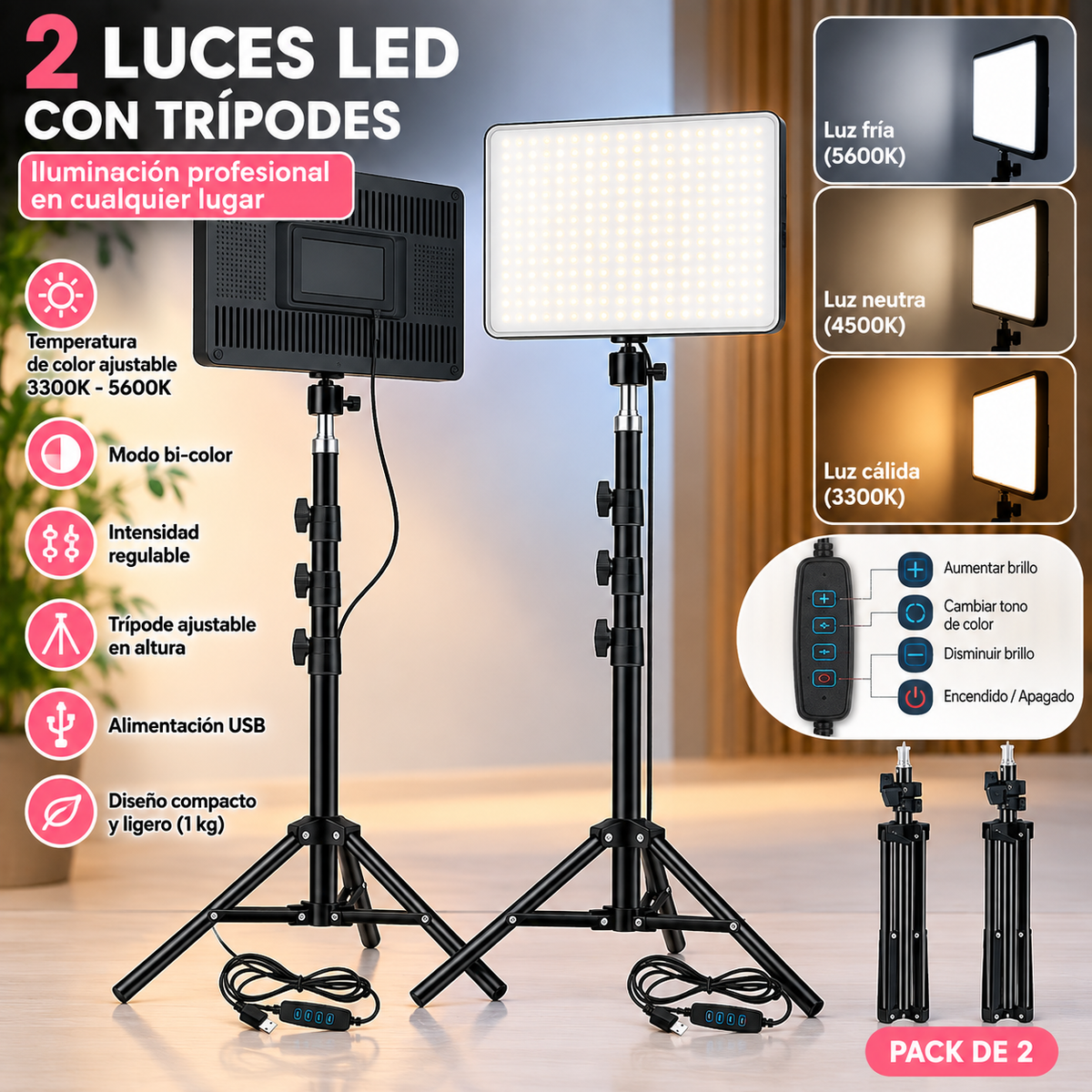 Luz LED Bi-Color con Trípode para Vídeo y Streaming
