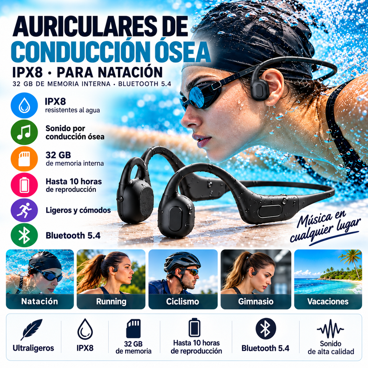 Auriculares para Nadar de Conducción Ósea IPX8