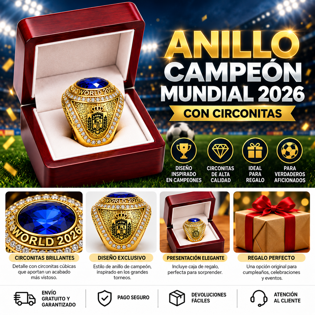 Anillo Campeón Mundial 2026 con Circonitas