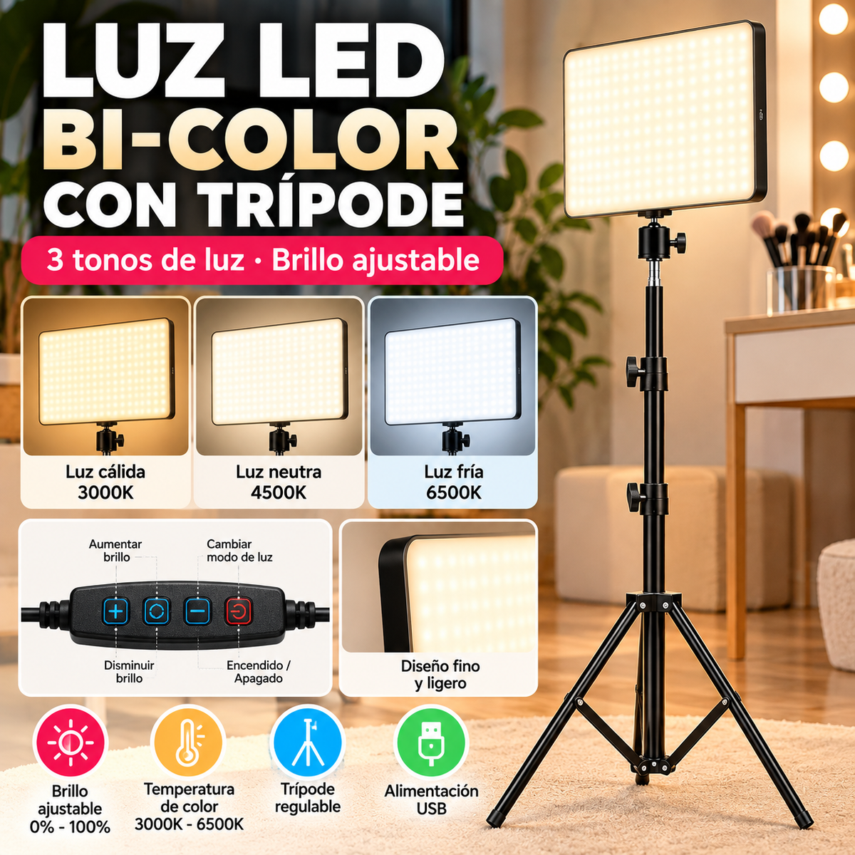 Luz LED Bi-Color con Trípode para Vídeo y Streaming