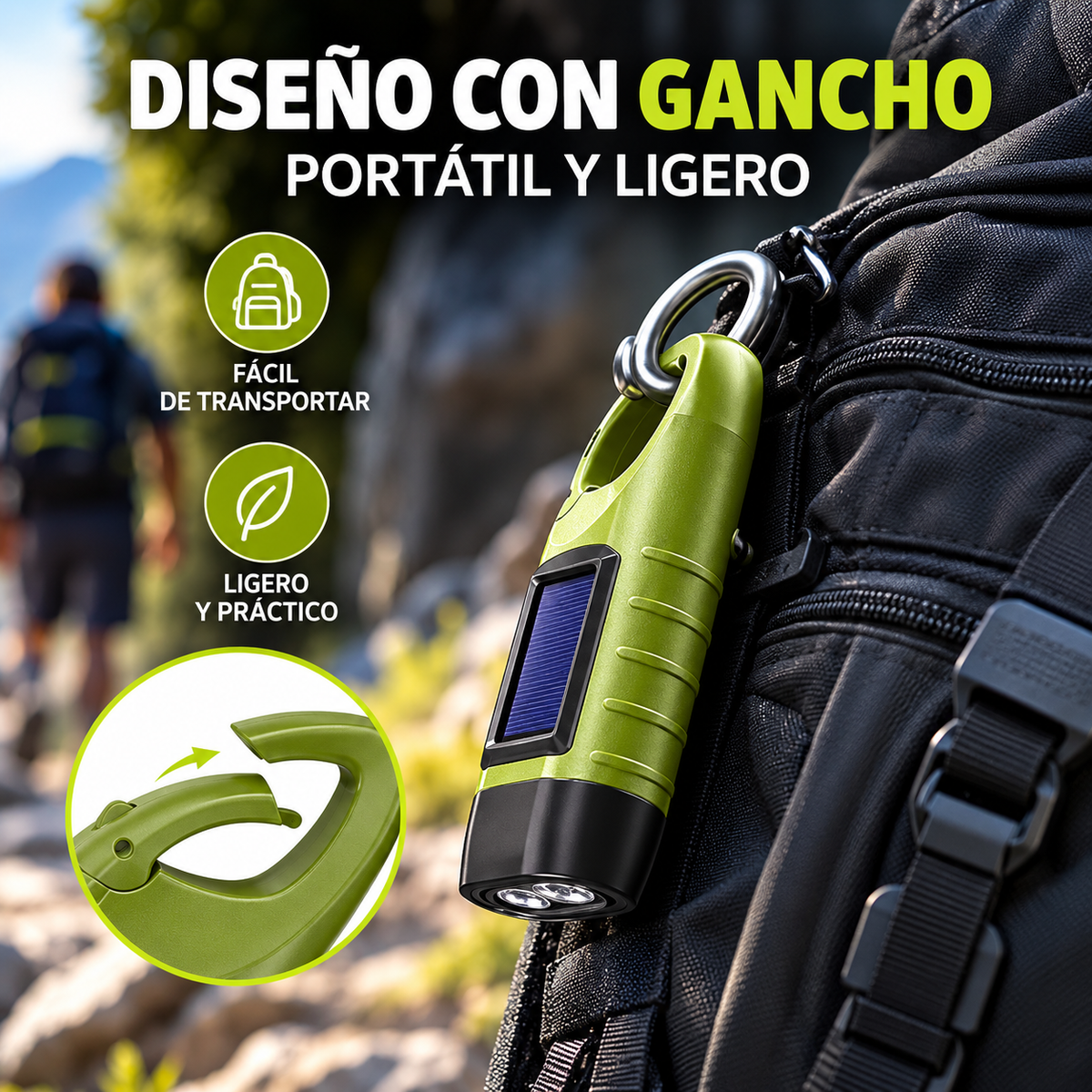 Linterna LED Solar con Manivela Recargable para Camping y Emergencias