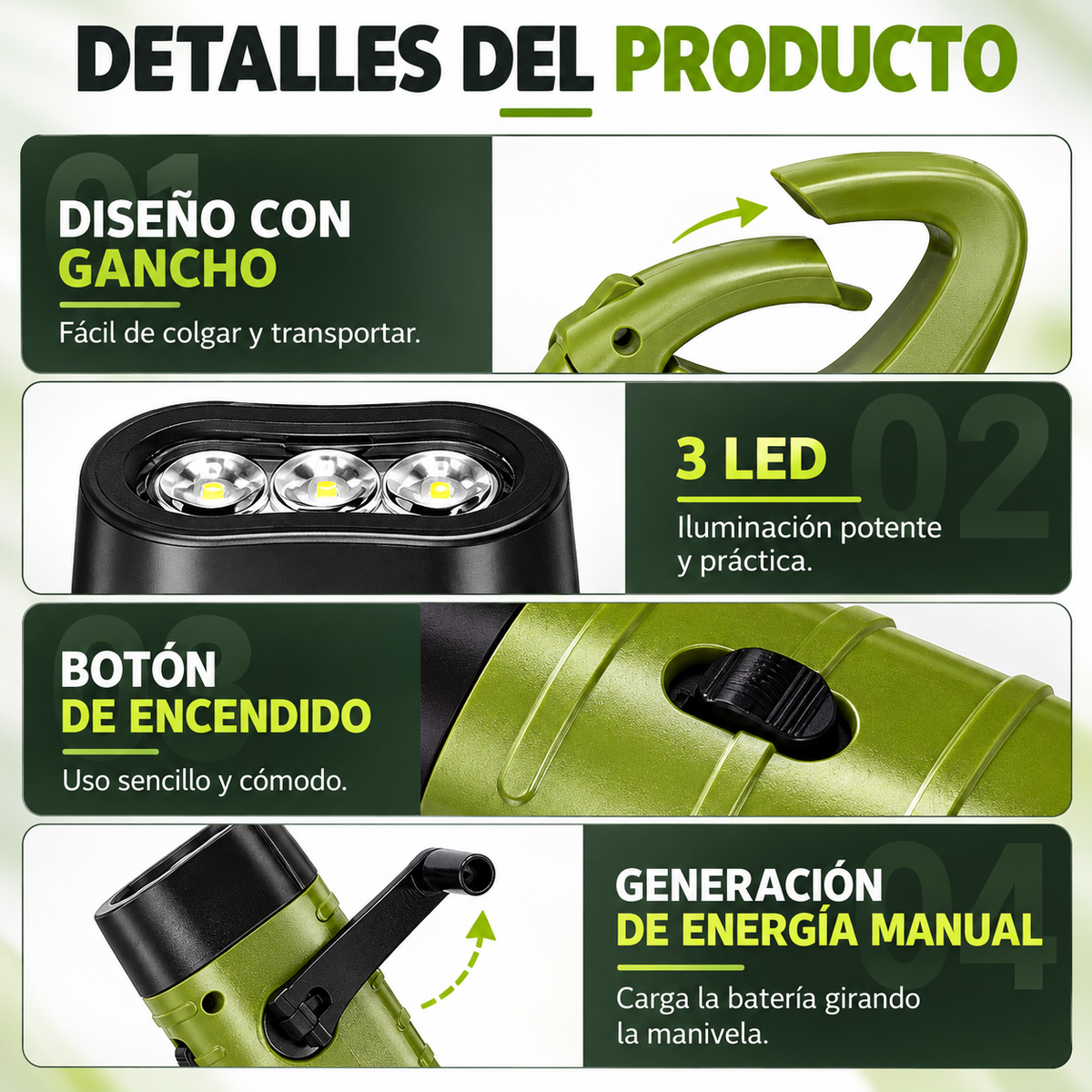 Linterna LED Solar con Manivela Recargable para Camping y Emergencias