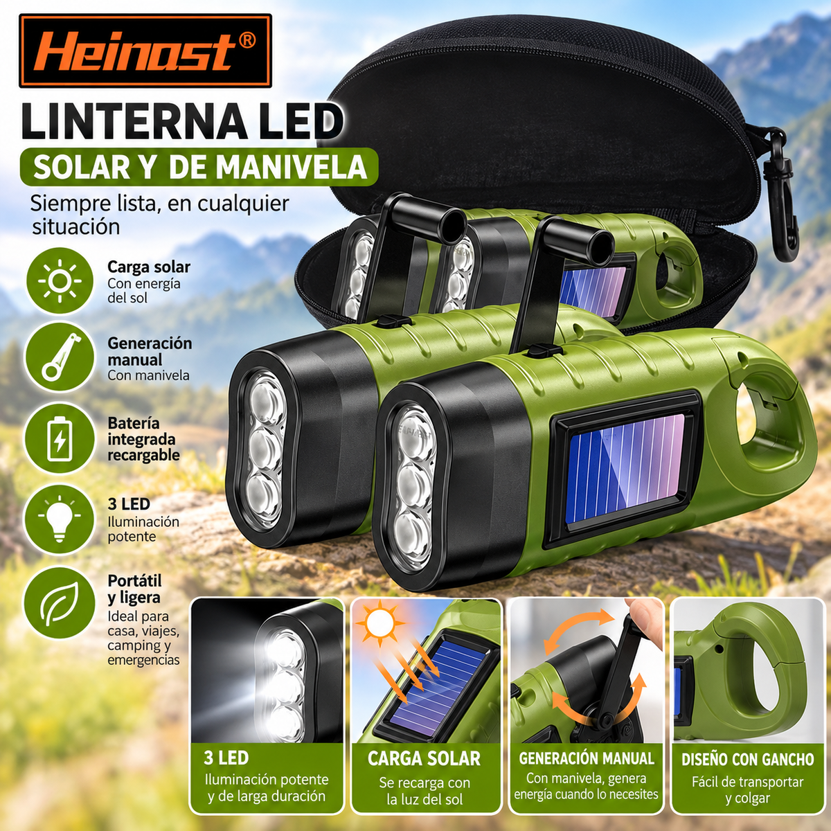 Linterna LED Solar con Manivela Recargable para Camping y Emergencias