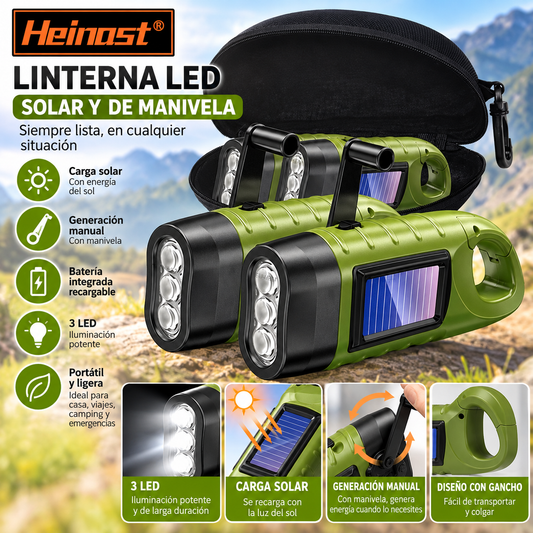 Linterna LED Solar con Manivela Recargable para Camping y Emergencias