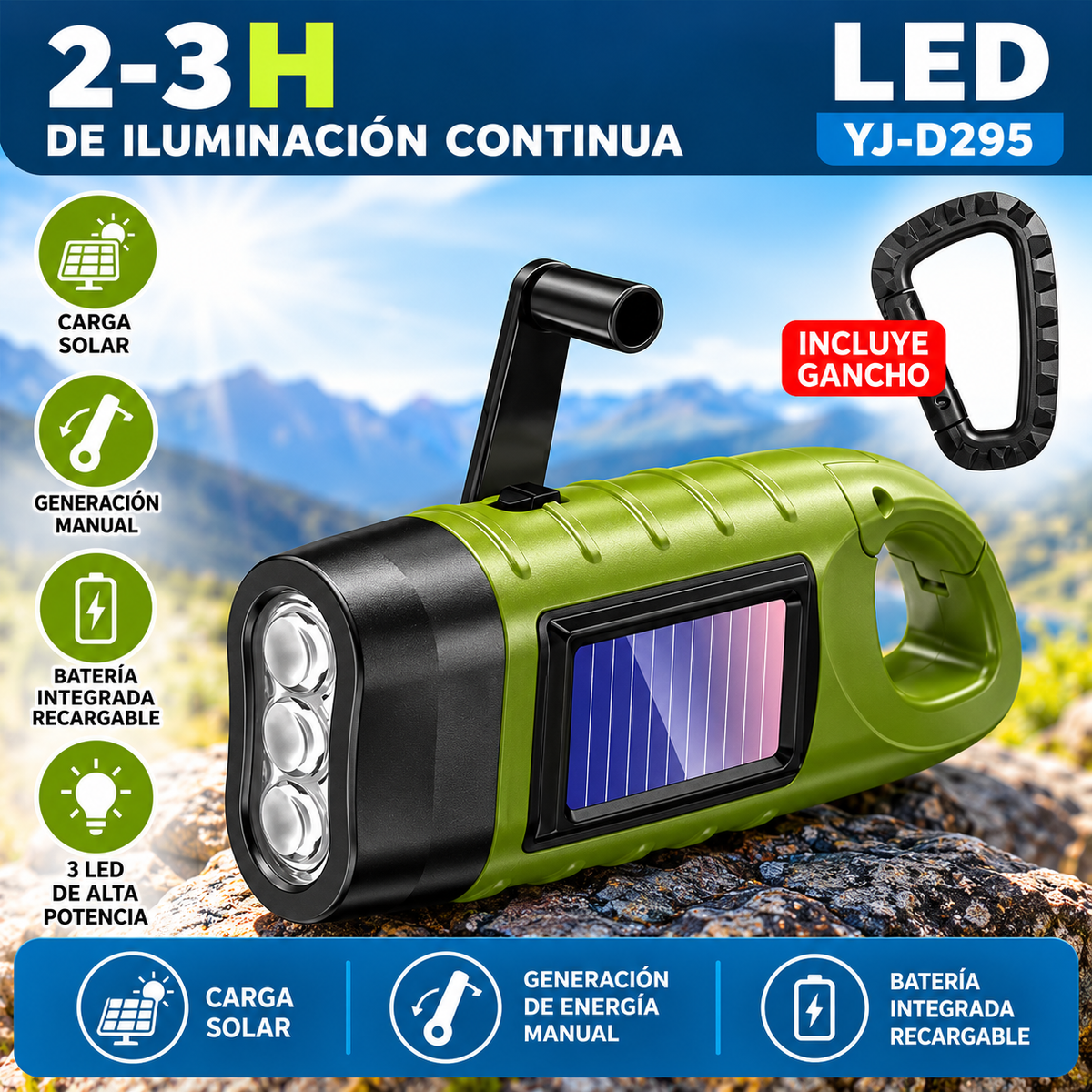 Linterna LED Solar con Manivela Recargable para Camping y Emergencias