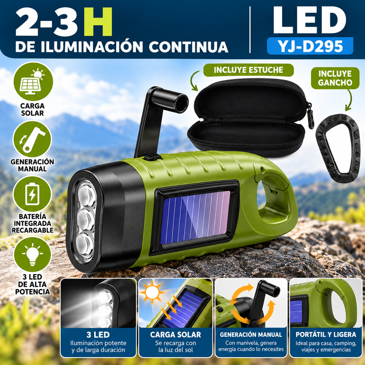 Linterna LED Solar con Manivela Recargable para Camping y Emergencias