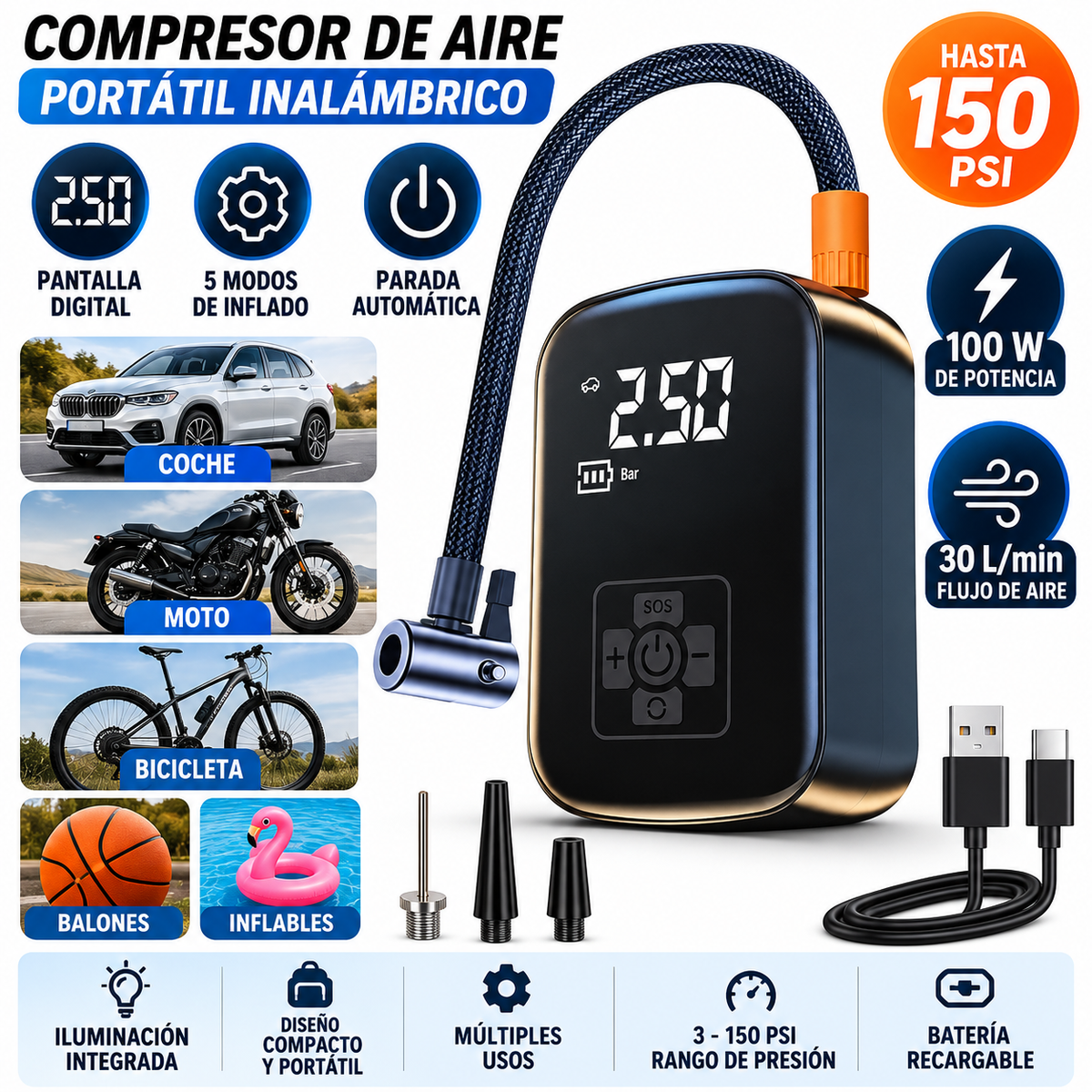 Compresor de Aire Inalámbrico 150 PSI con Pantalla Digital para Coche, Moto y Bicicleta