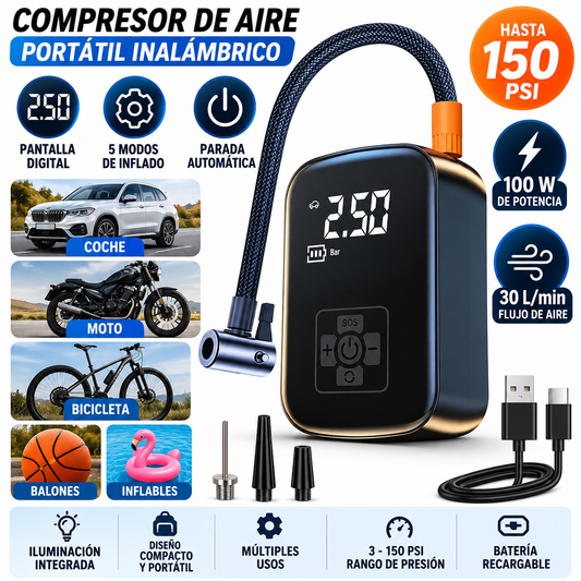 Compresor de Aire Inalámbrico 150 PSI con Pantalla Digital para Coche, Moto y Bicicleta